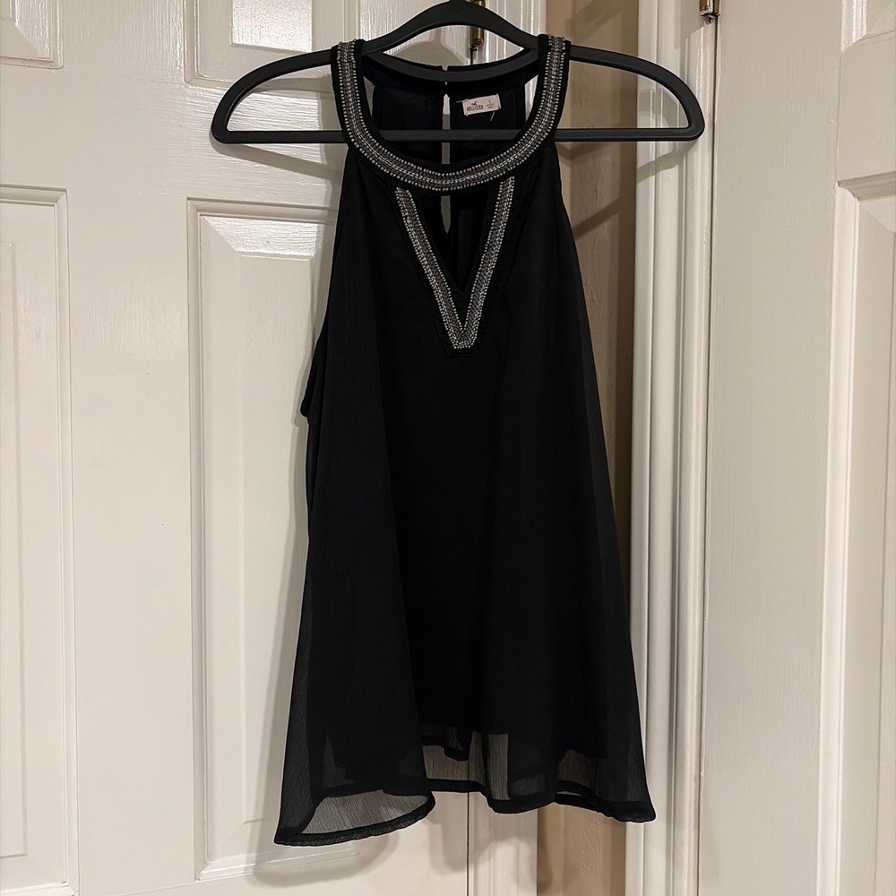 Hollister Black Beaded Halter Top V-Neck Keyhole Blouse Sleeveless L